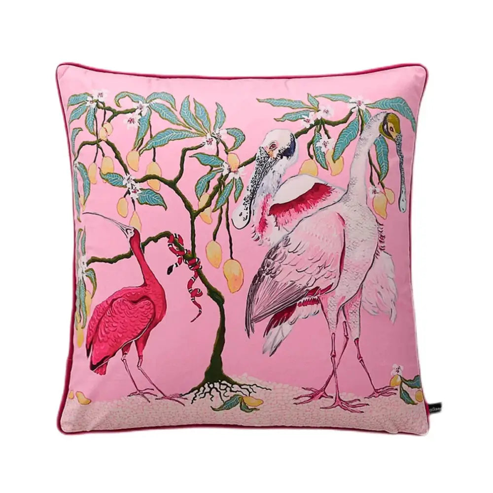 Pink velvet pillow case with embroidered pink and white birds under a yellow fruit tree decorbites handmade lumbar pillow