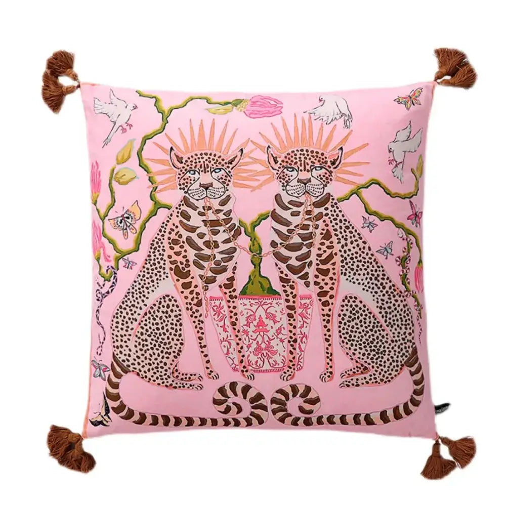 Pink cushion pillow case with two illustrated cheetahs brown spots floral decorbites handmade lumbar pillow