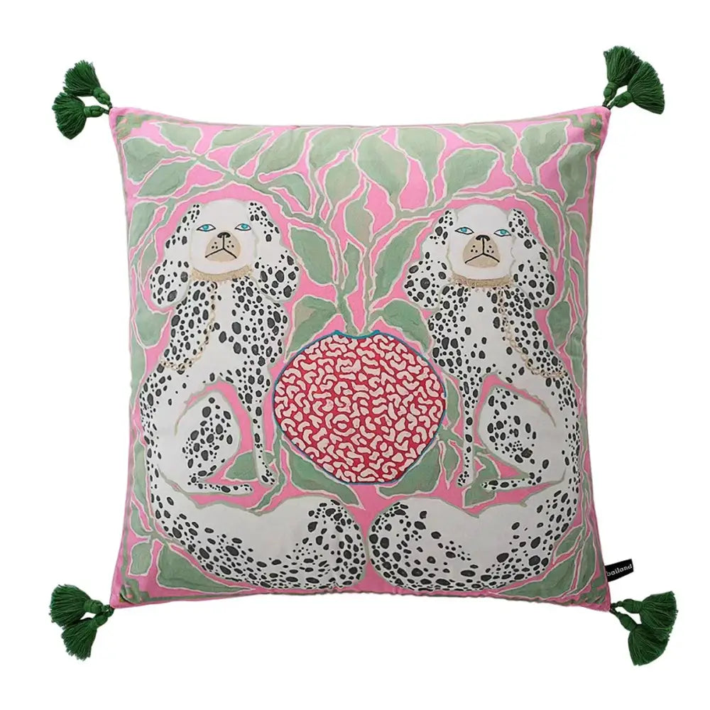 Floral green handmade lumbar pillow case featuring pink and green pattern with spotted dogs and red heart decorbites handmade lumbar