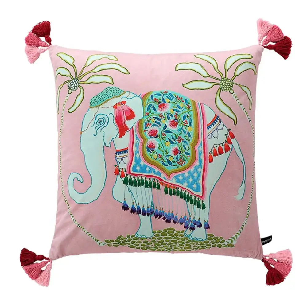 Pink velvet decorbites handmade lumbar pillow case with embroidered elephant and floral green detail for bedroom decor