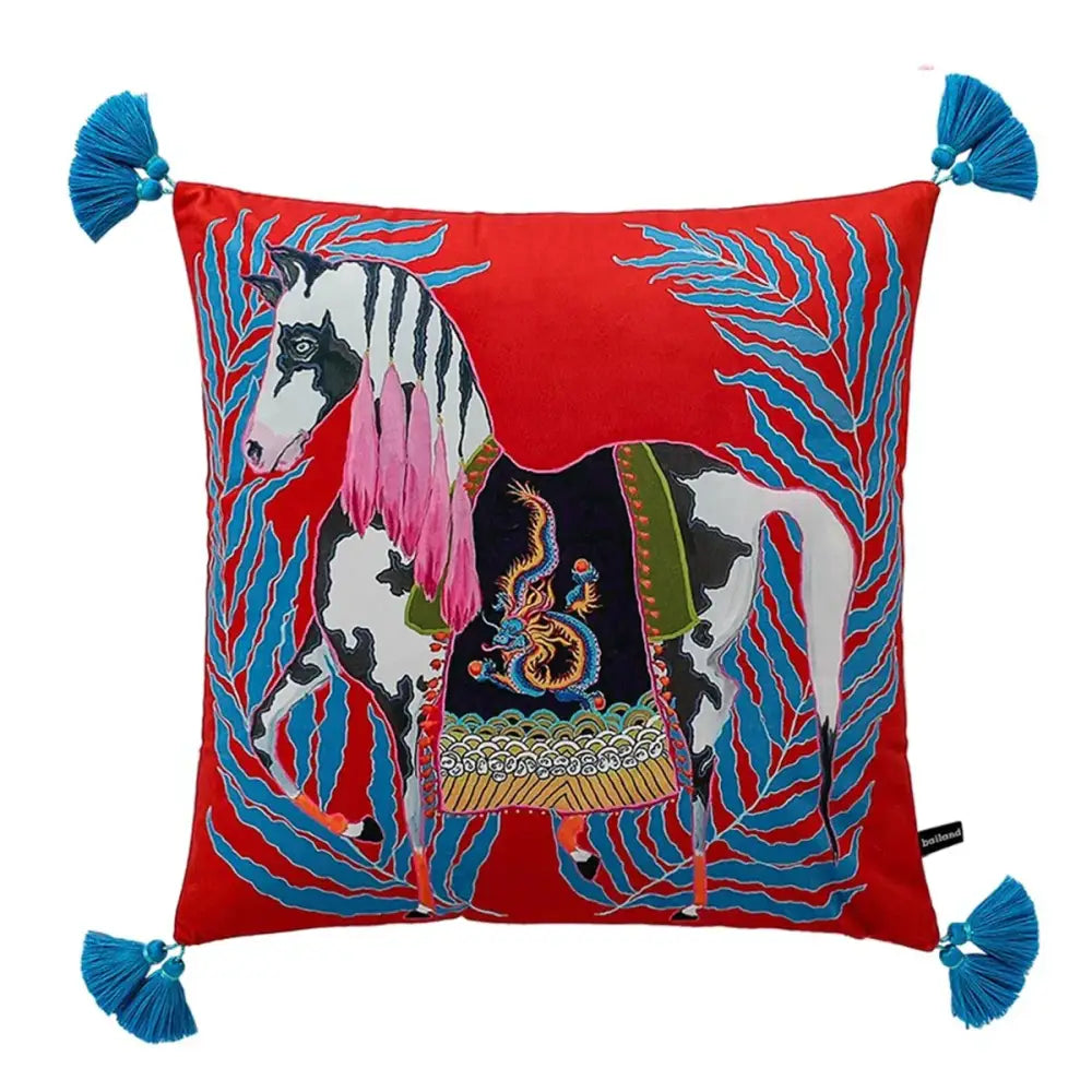 Vibrant red decorbites handmade lumbar pillow case with embroidered zebra, pink fringe, golden dragon, and blue tassels for bedroom decor