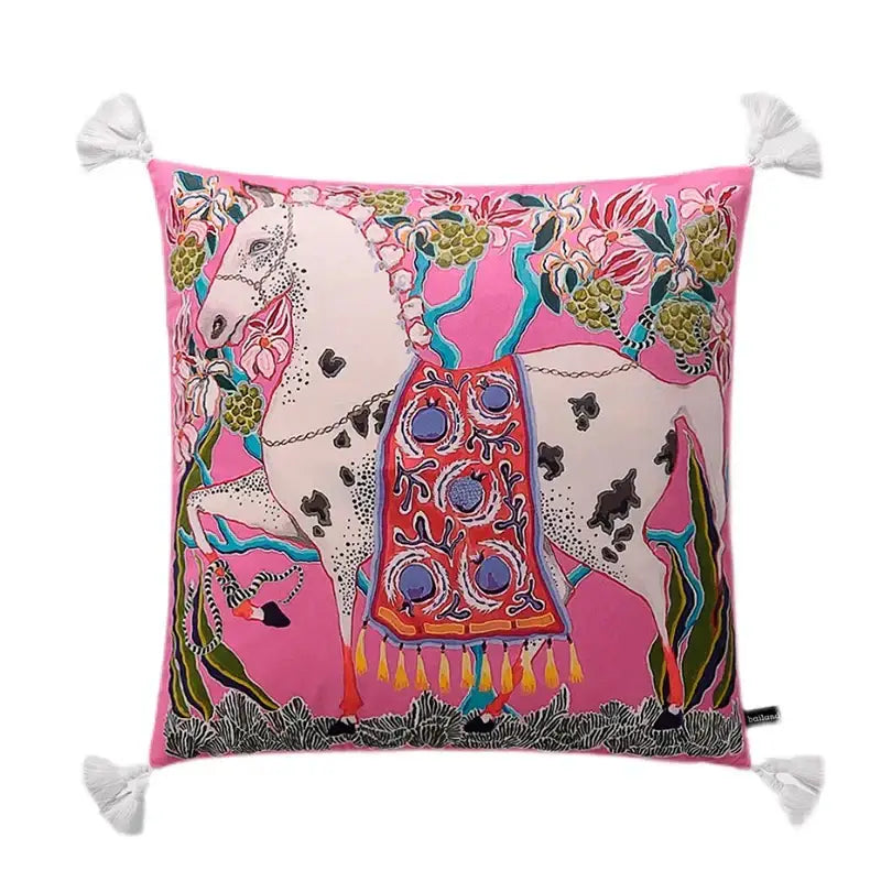 Vibrant pink decorbites handmade lumbar pillow case with white horse and floral motifs for bedroom dog decor