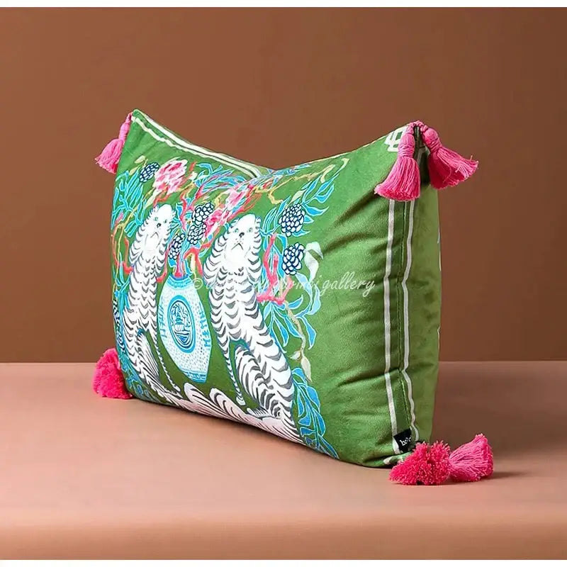 Floral green handmade lumbar pillow case with white tiger pattern and pink tassels perfect for bedroom decorbites decor