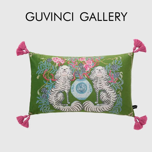 Vibrant green decorbites handmade lumbar pillow case with two white striped dogs and floral porcelain vase design