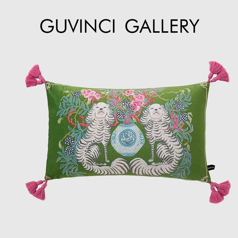 Vibrant green decorbites handmade lumbar pillow case with two white striped dogs and floral porcelain vase design