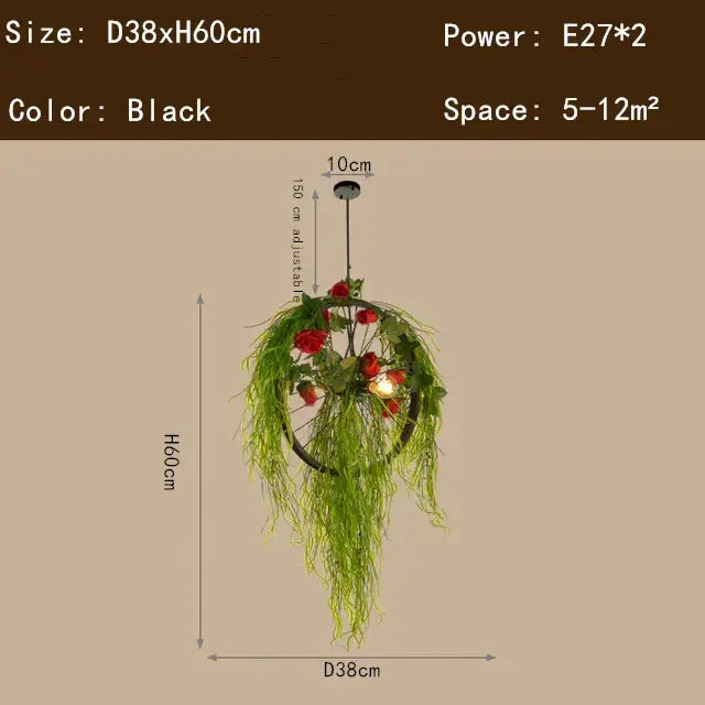 Black floral green plant lighting chandelier with circular frame, artificial vines, red roses, two e27 bulbs for dining room decorbites green plant