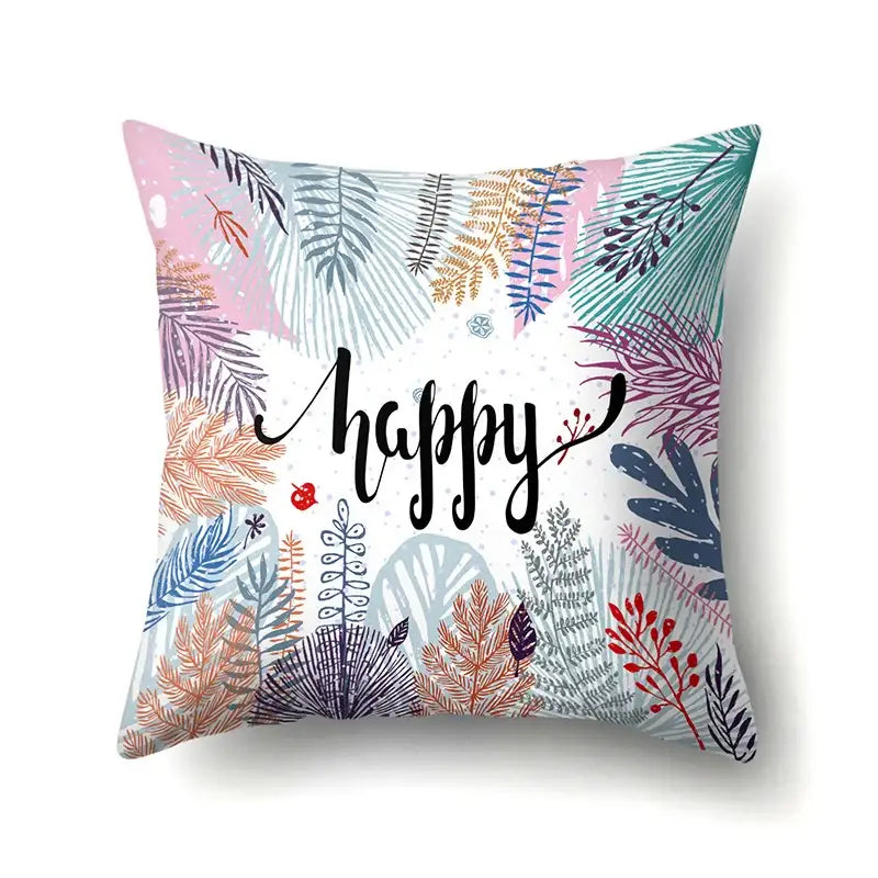 Colorful pillow cover with decorbites green tropical leaves and happy script for seasonal bedroom decor
