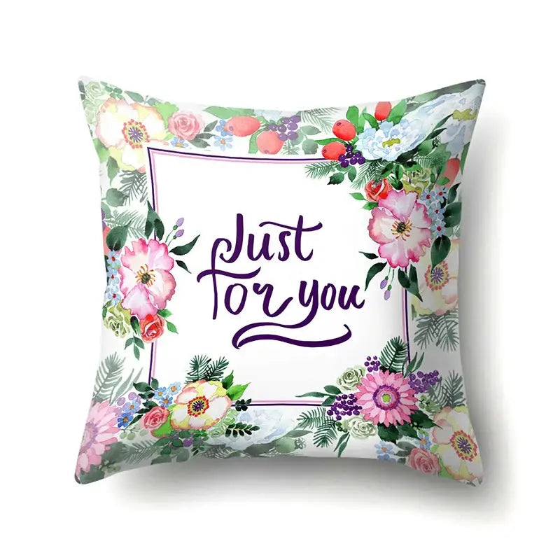 A square pillow cover with floral green tropical leaves design and just for you script for bedroom decorbites decor