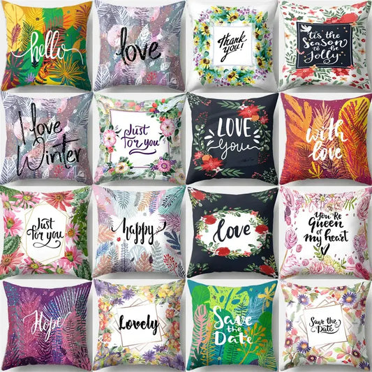 A collection of colorful floral pillow covers with decorbites green tropical leaves and romantic seasonal phrases