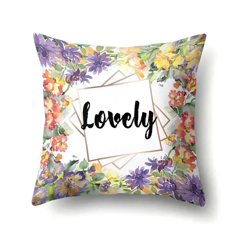 Square pillow cover with vibrant floral design and lovely text in gold frame for decorbites green tropical leaves decor