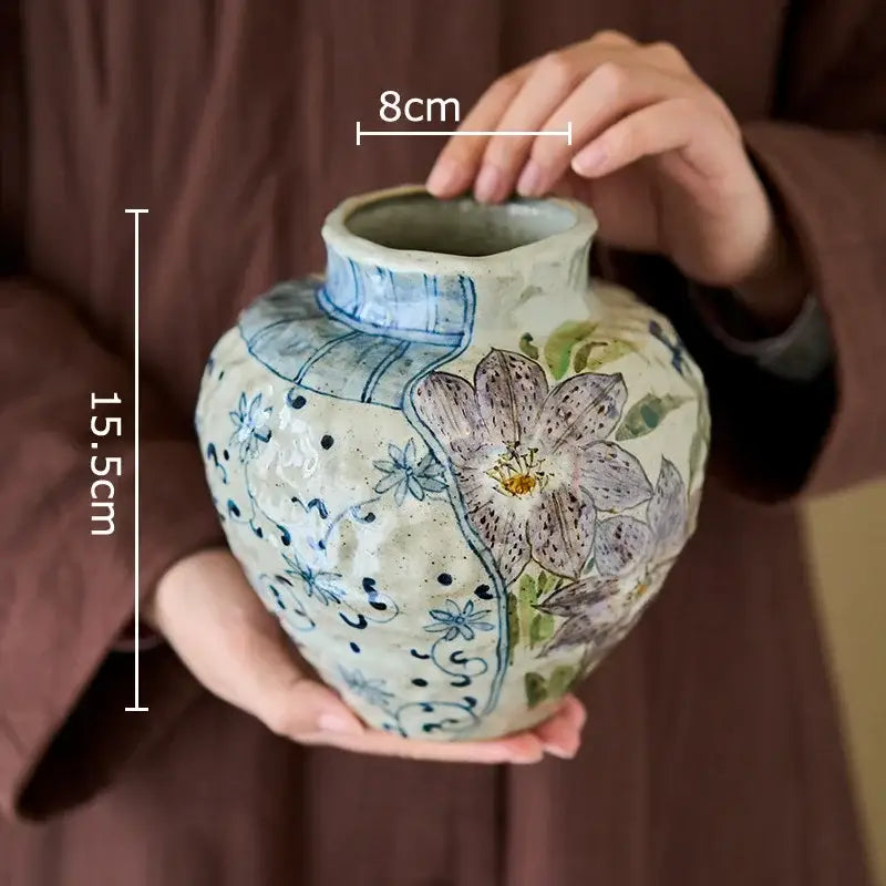 Floral hand-painted decorbites ceramic vase with textured off-white glaze and artificial flowers for living room decor