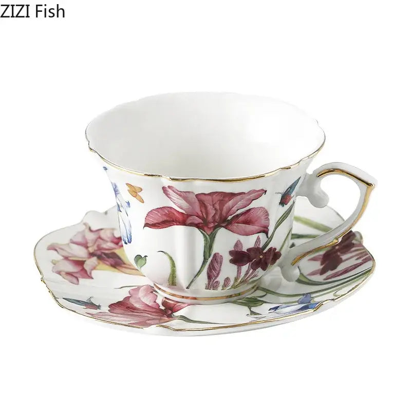 A delicate white porcelain mug set with decorbites iris pattern floral design and gold trim for elegant dining room decor