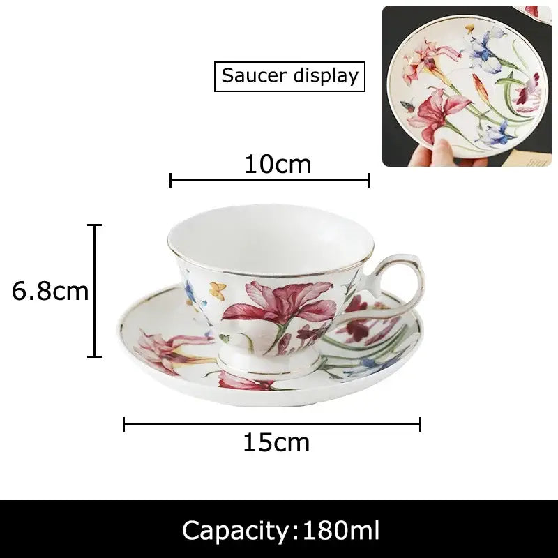 A delicate iris pattern porcelain mug set with vibrant pink purple blue green florals on white for dining decorbites