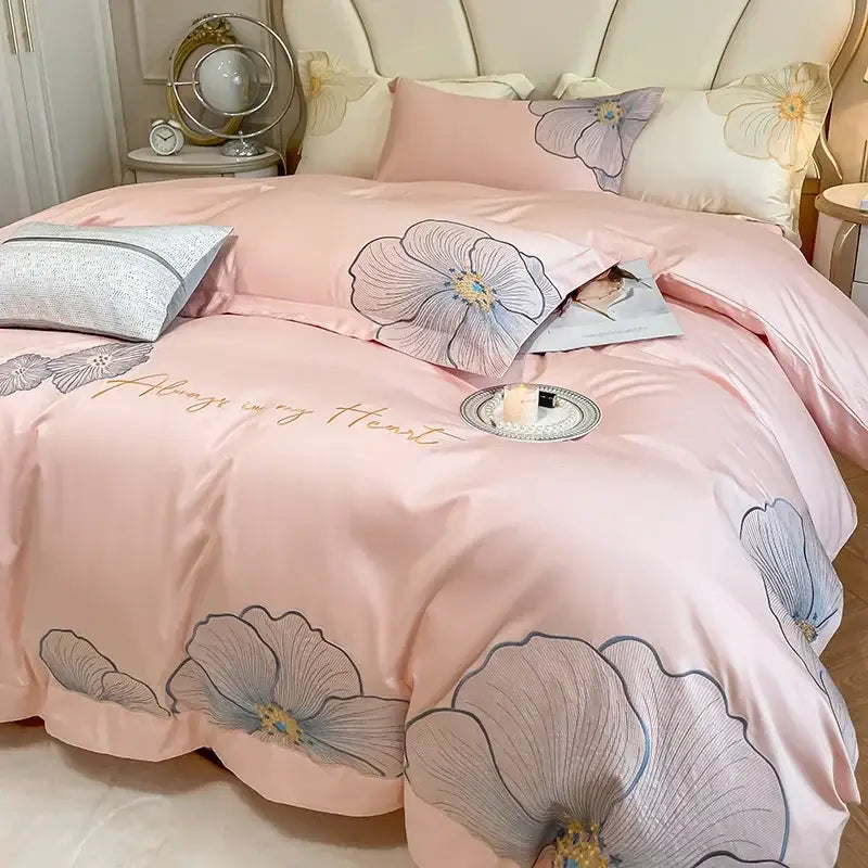 Pink satin duvet cover bedding set with elegant floral embroidery in soft gray and gold embroidered egyptian cotton