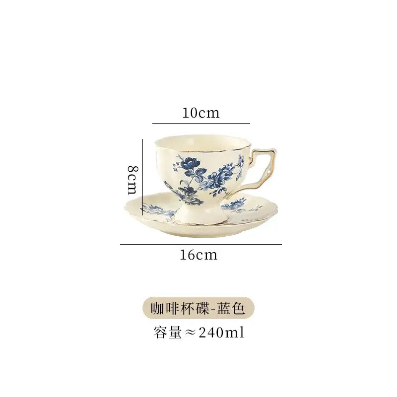 Cream-colored porcelain tea set with blue floral patterns and gold-trimmed edges for elegant dining room use