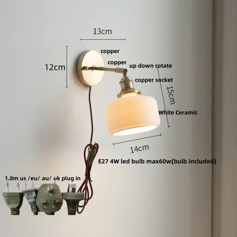 Copper-finished wall light fixture with white ceramic ribbed lampshade and adjustable arm for bedroom use