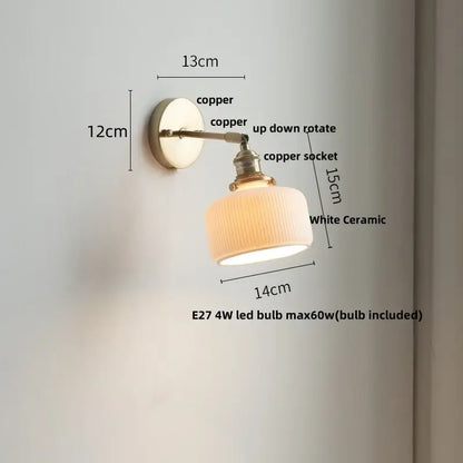 A vintage-style wall light fixture with copper arm and white ceramic ridged lampshade for bedroom use