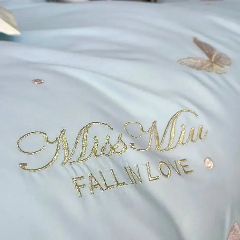 Floral light blue and pink bedding set with light blue satin bedspread embroidered in gold thread 1000tc egyptian cotton