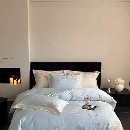 Light blue satin bedding set with delicate pink floral and butterfly embroidery decorbites 1000tc egyptian cotton