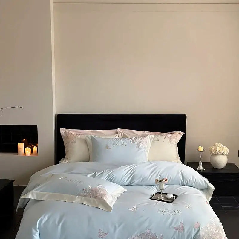 Light blue satin bedding set with delicate pink floral and butterfly embroidery decorbites 1000tc egyptian cotton