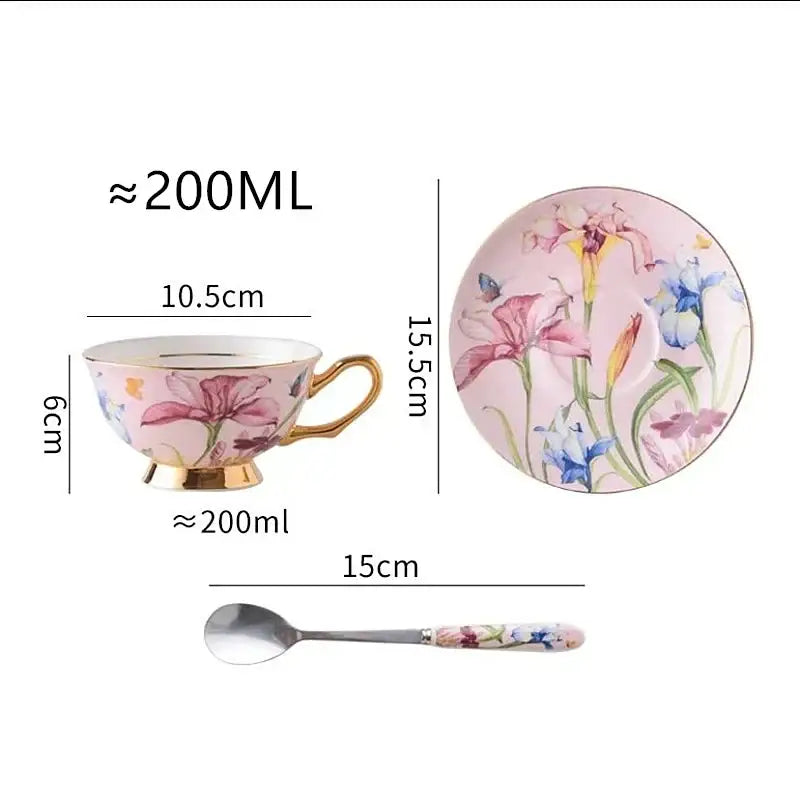 Delicate pink porcelain lily flower tea set teacup with gold rim and vibrant floral design for elegant dining room use