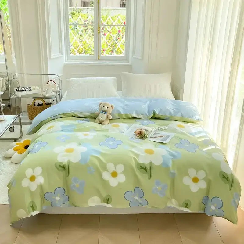 Floral mint green cotton duvet cover featuring white and blue flowers with yellow centers for bedroom decorbites cotton duvet