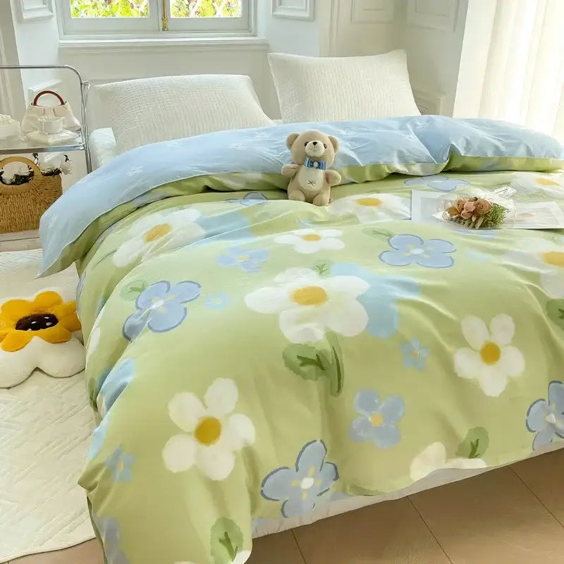 Floral mint green cotton duvet cover with white and blue flowers yellow centers and green leaves decorbites cotton duvet