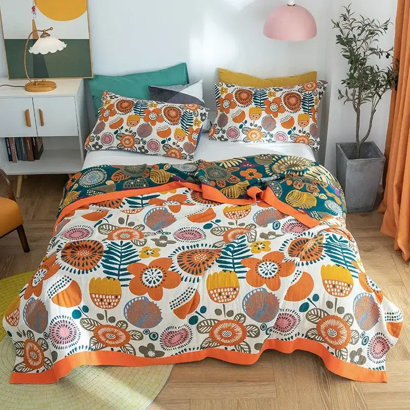 Vibrant orange teal and pink cotton summer throw blanket with floral and geometric design for bedroom decorbites cotton summer