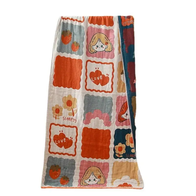 Floral orange and pink cotton gauze adult bath towels featuring a soft white cotton muslin blanket with colorful cartoon squares for decorbites cotton gauze bedroom decor