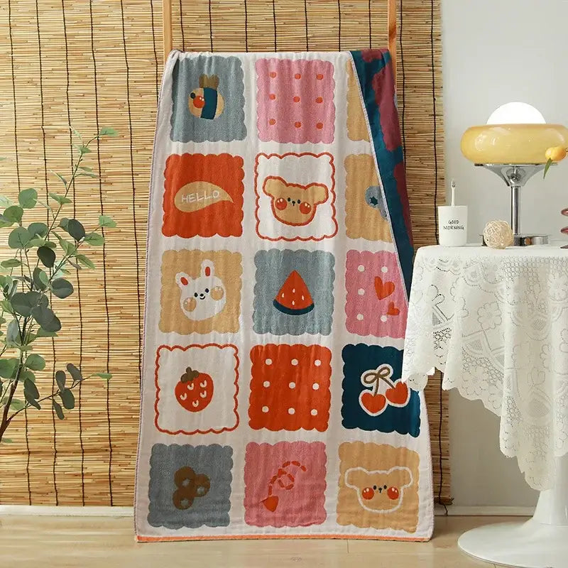 A soft white cotton gauze adult bath towel with colorful cartoon patch grid for floral orange and pink decorbites decorbites cotton gauze