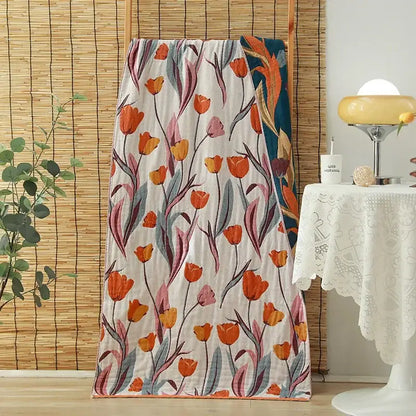 Soft lightweight cotton gauze adult bath towel with vibrant orange and pink tulip floral pattern for decorbites cotton gauze