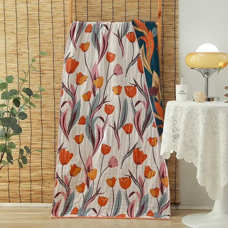 Soft lightweight cotton gauze adult bath towel with vibrant orange and pink tulip floral pattern for decorbites cotton gauze