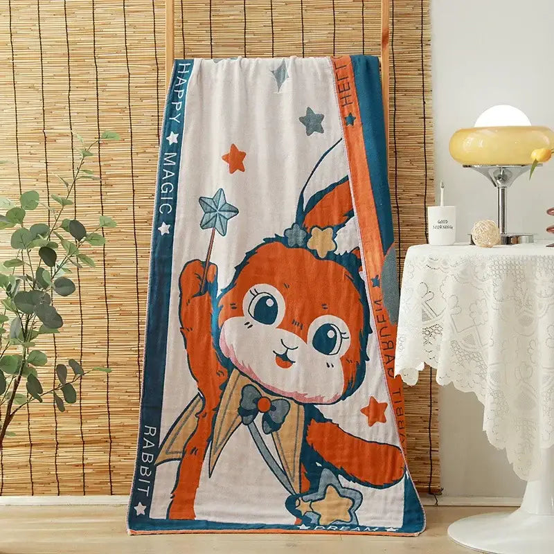 Soft white cotton gauze adult bath towel with cheerful orange rabbit and blue stars for decorbites cotton gauze bedroom decor