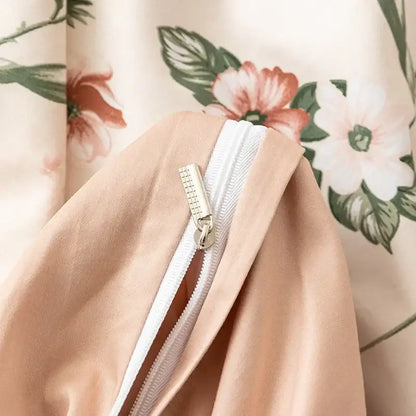 Beige floral-patterned fabric with white zipper and silver pull tab in decorbites 100s egyptian cotton bedding set