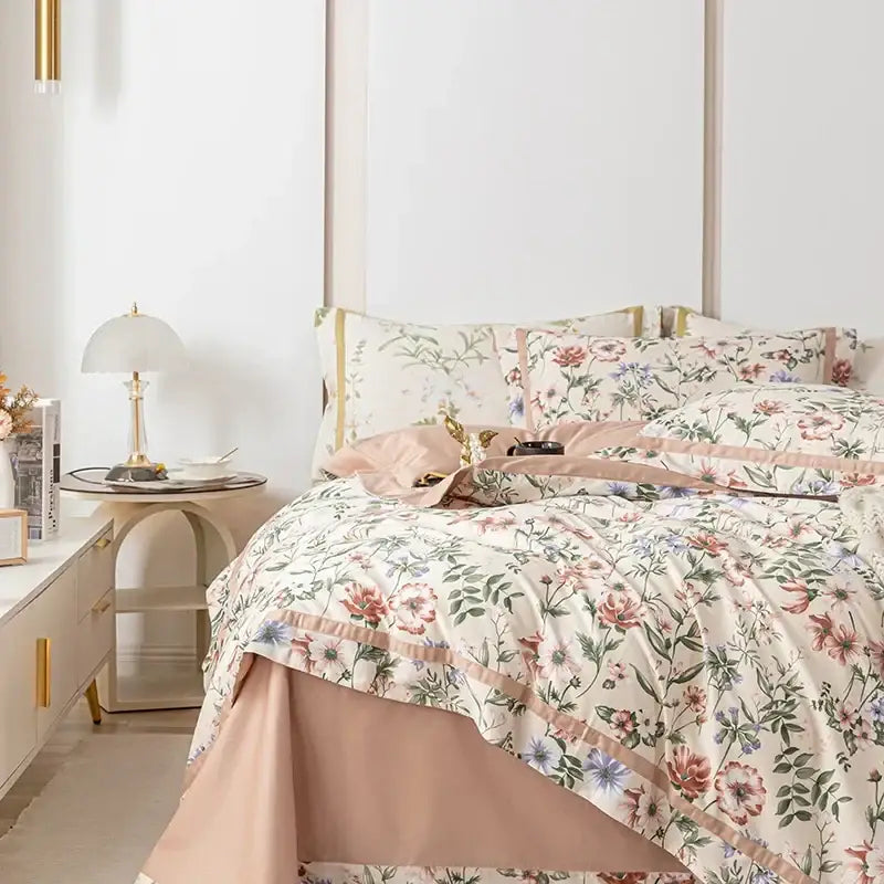 Floral pastel 100s egyptian cotton bedding set with delicate cream blush pink and muted green tones and satin trim by decorbites
