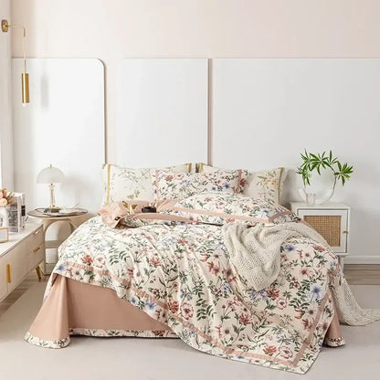 Floral pastel 100s egyptian cotton bedding set with soft pastel floral pattern and blush pink trim on cream base fabric
