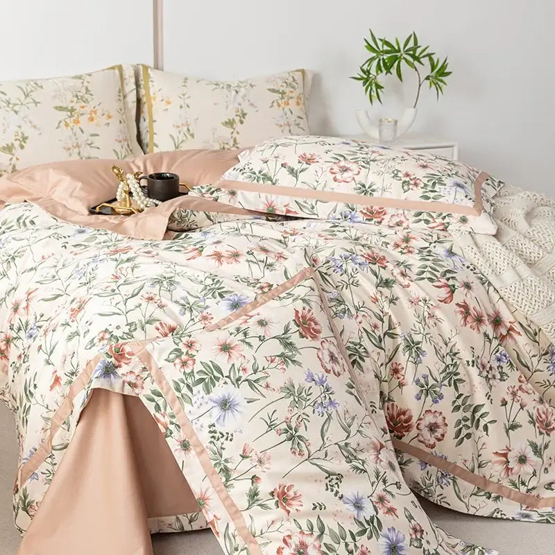 Floral pastel 100s egyptian cotton bedding set with soft pastel botanical designs and peach satin trim on cream base