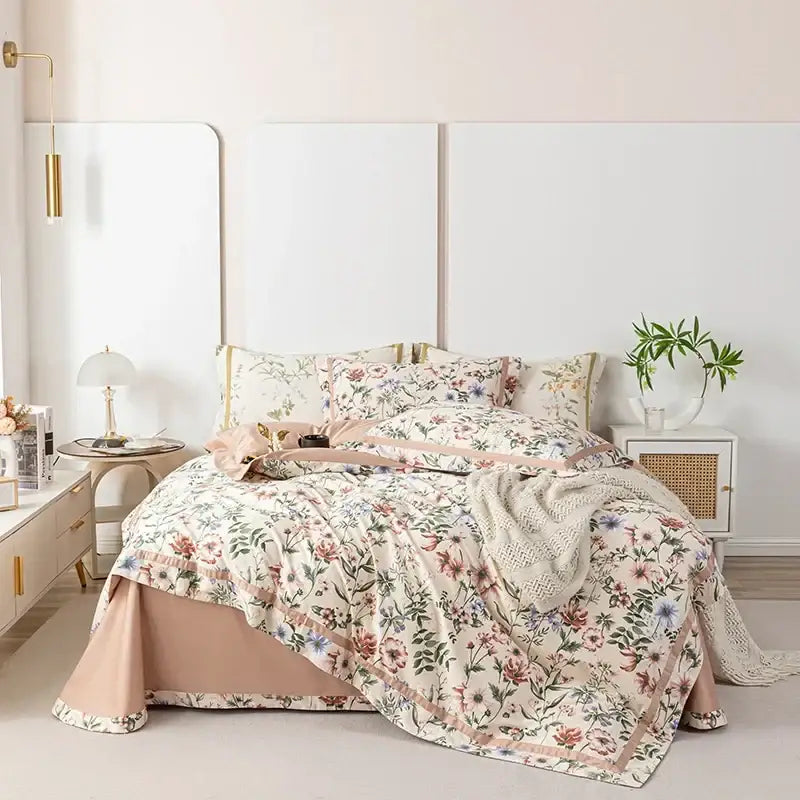 Floral pastel 100s Egyptian cotton bedding set with blush pink trim and delicate botanical designs on cream fabric