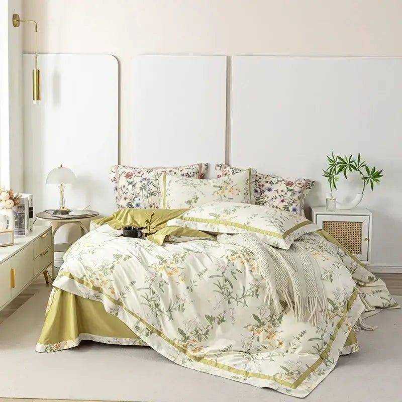 Soft cream-colored duvet cover with green and yellow floral embroidery in decorbites 100s egyptian cotton bedding set