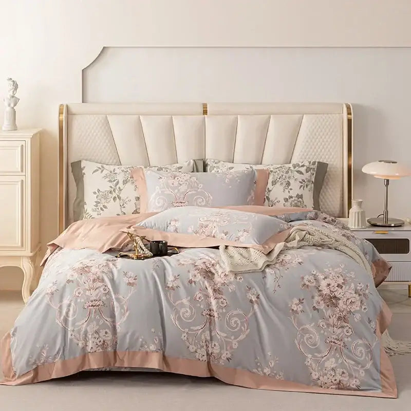A soft gray and blush pink floral pastel bedding set with elegant embroidery in 100s egyptian cotton by decorbites