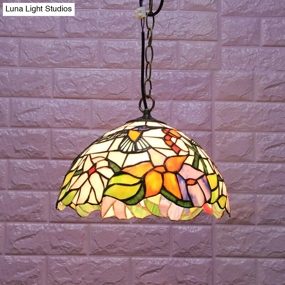 Floral Pattern Tiffany-Style Pendant Ceiling Light: 1 Bulb, Black Stained Glass, Down Lighting