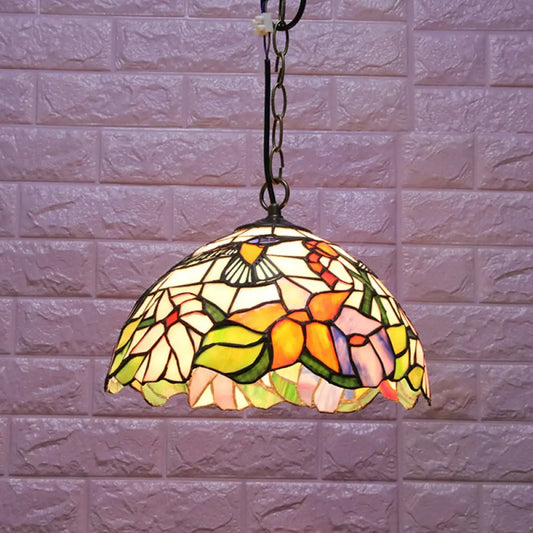 Floral Pattern Tiffany-Style Pendant Ceiling Light: 1 Bulb, Black Stained Glass, Down Lighting