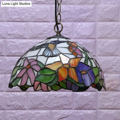 Floral Pattern Tiffany-Style Pendant Ceiling Light: 1 Bulb, Black Stained Glass, Down Lighting