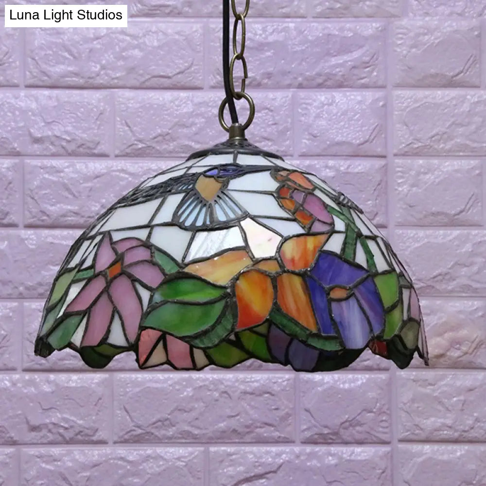 Floral Pattern Tiffany-Style Pendant Ceiling Light: 1 Bulb, Black Stained Glass, Down Lighting