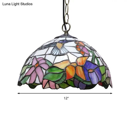 Floral Pattern Tiffany-Style Pendant Ceiling Light: 1 Bulb, Black Stained Glass, Down Lighting