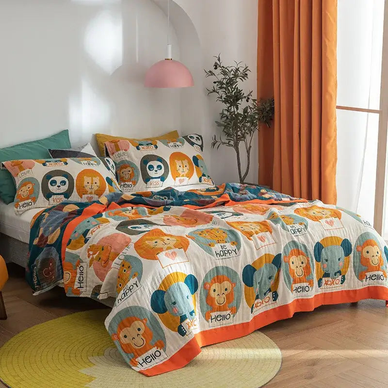 A cozy white cotton gauze towel blanket with playful cartoon animals and an orange border for decorbites cotton gauze use
