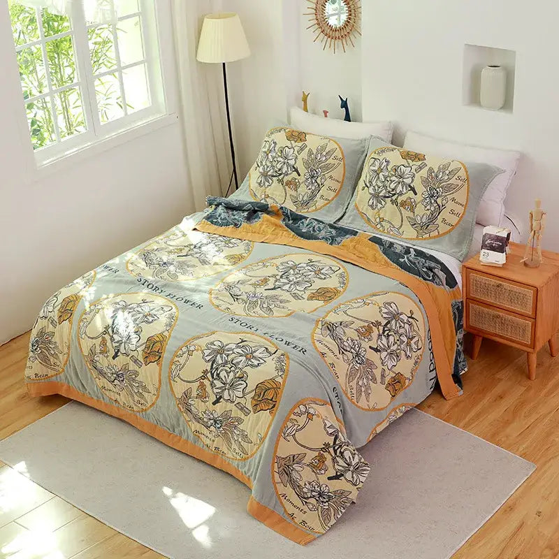 Light blue and cream decorbites cotton gauze towel blanket with floral patterns and gold trim for bedroom throw decor