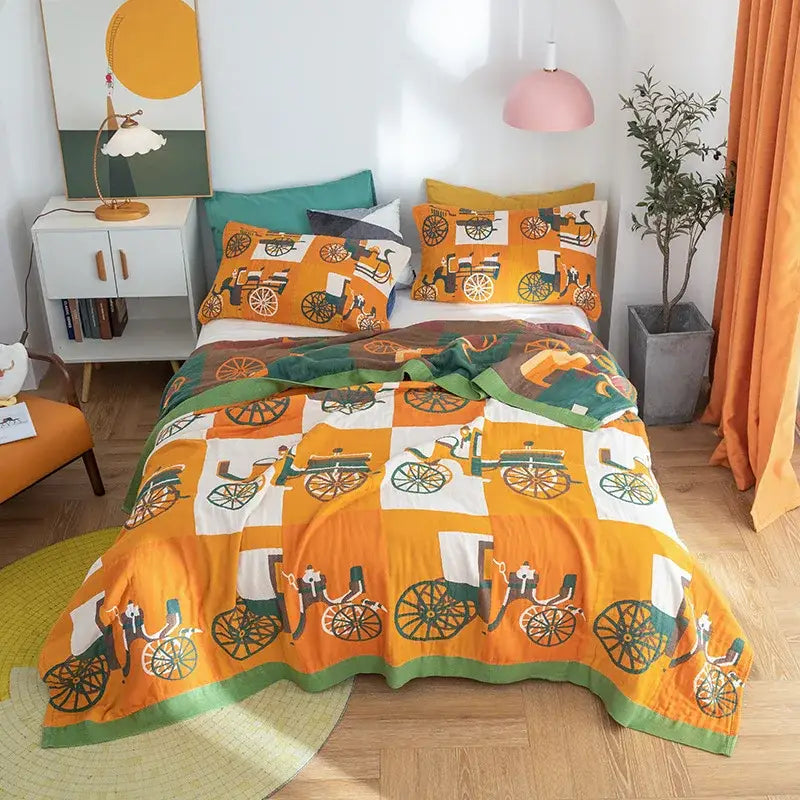 Floral pink and blue decorbites cotton gauze towel blanket with orange and green carriage-themed vintage design for bedroom decor