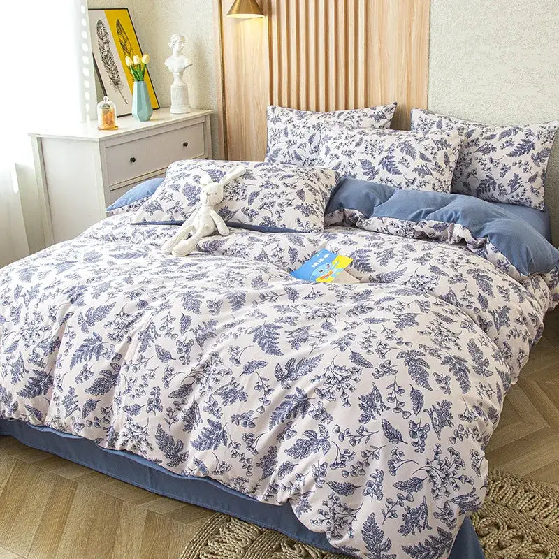 Blue and white flower print bedding set with soft textured cotton fabric for a floral pink and blue flower print bedding bedroom