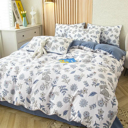 White and blue floral bunny-themed bedding set with soft cotton fabric featuring flower print for bedroom use
